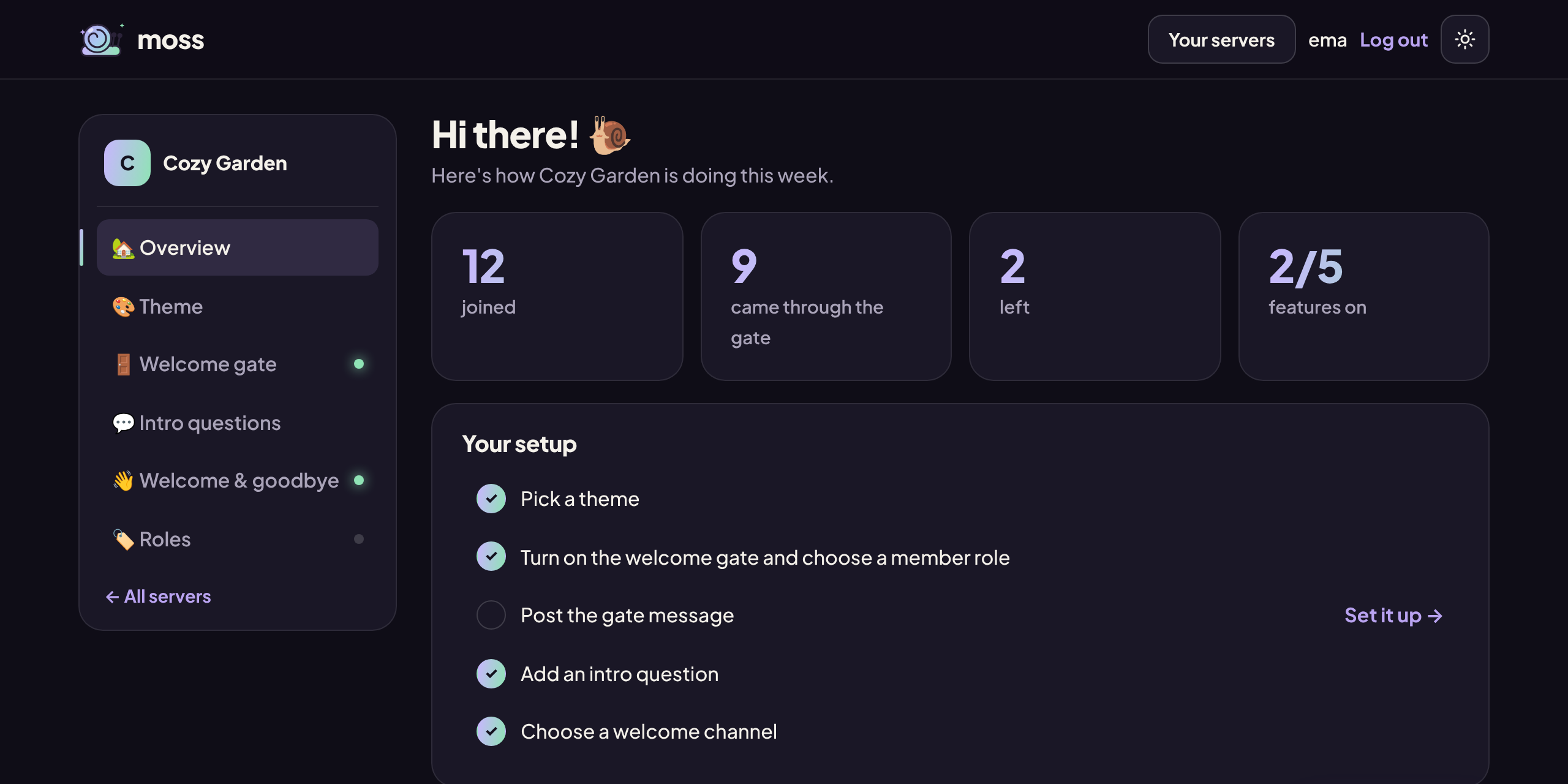 The MOSS dashboard: weekly stats and a setup checklist